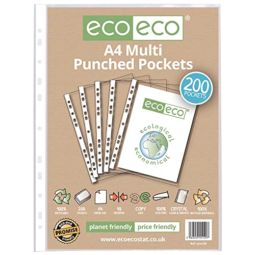 eco-eco A4 100% Recycled Multi Punched Pockets Glass Clear, Transparent Poly Wallet Sheet Protector, 45 Microns, 200 Wallets, eco129, 200 Pockets