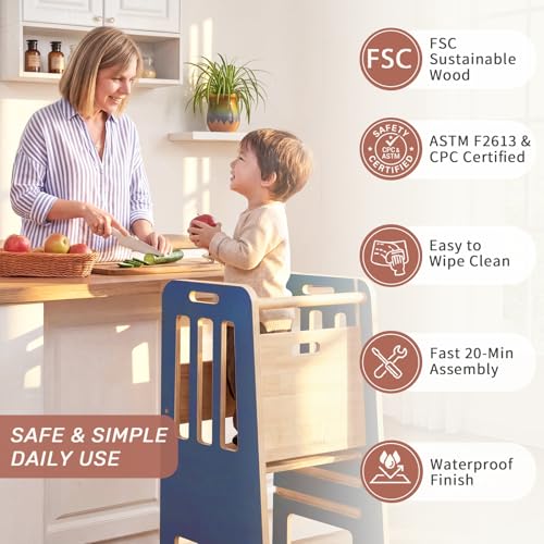 Image of WINGYZ Toddler Tower - Anti-Tip Natural Wood Learning Stool Helper for Kids 18M-6Y, 150lb Capacity Kitchen Stool with 3-Height Adjustable Platform and Sliding Door Access, 20lb Portable Design, DK BLU
