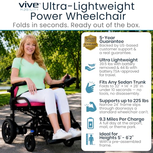 Image of Vive Ultra Lightweight Electric Wheelchair for Adults - Foldable Power Wheel Chair - Collapsible, Folding, Ultralight, Motorized, Light Weight Travel Senior Folding Mobility Aid - Weighs Just 39 lbs