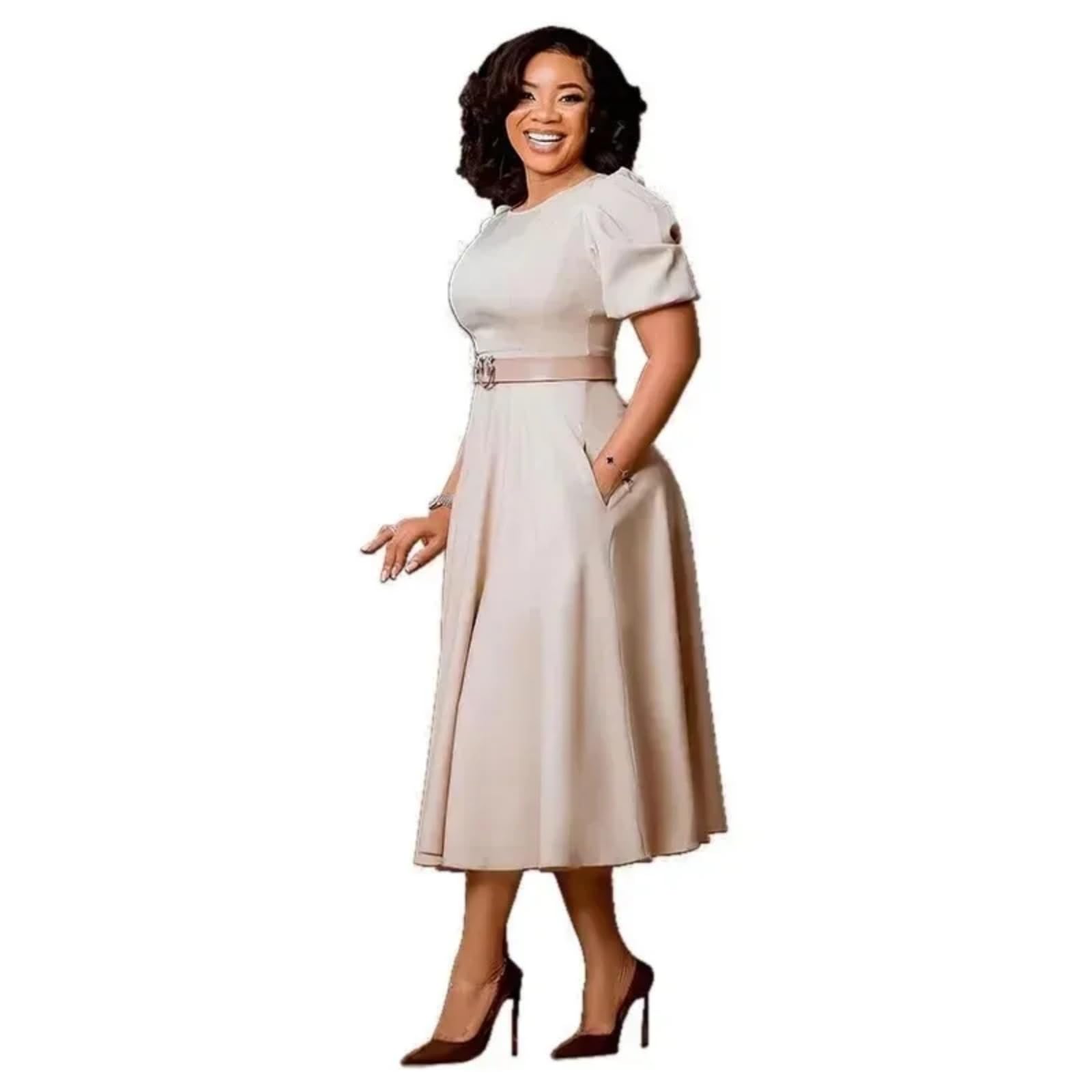 Adhdyuud Elegante vestido midi africano con manga abombada, cinturón, cuello redondo, acampanado, ropa formal de oficina