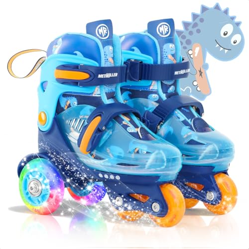 METROLLER Adjustable Kids Balance Roller Skates for Toddler Ages 3-6 Rainbow Unicorn Dinosaurs Illuminating Rollerskates for Girls Boys Ages 5-8 Three-Point Type Suitable for Beginners