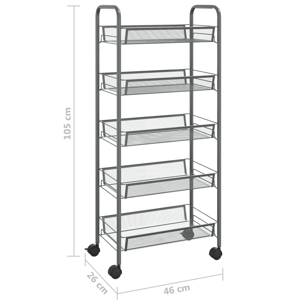 Mangloder - Carrito de cocina gris de hierro de 5 niveles, 46 x 26 x 105 cm, ruedas con 4 ruedas y frenos, carrito de servir, carrito auxiliar, carrito auxiliar multiusos para cocina, baño, oficina y