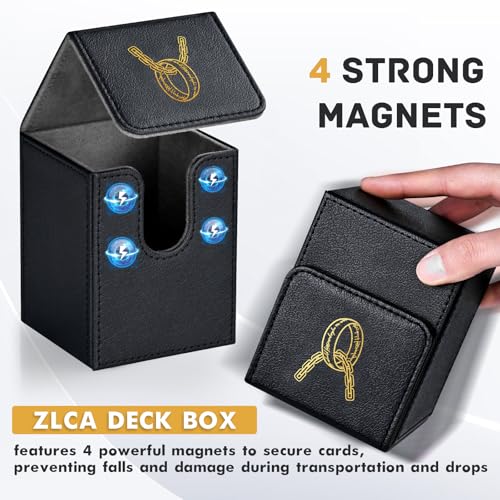 Image of ZLCA Card Deck Box for MTG with 2 Dividers, Card Storage Box Fits 100+ Single Sleeved, PU Leather TCG Deck Case Holder for Magic Commander Yugioh (Black,Ring)