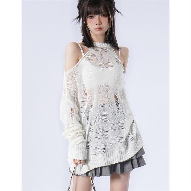 Y2k Aesthetic Fairy Grunge Sexy Pullover Sweater Women White Streetwear Long Sleeve Crochet Kniited Tops4