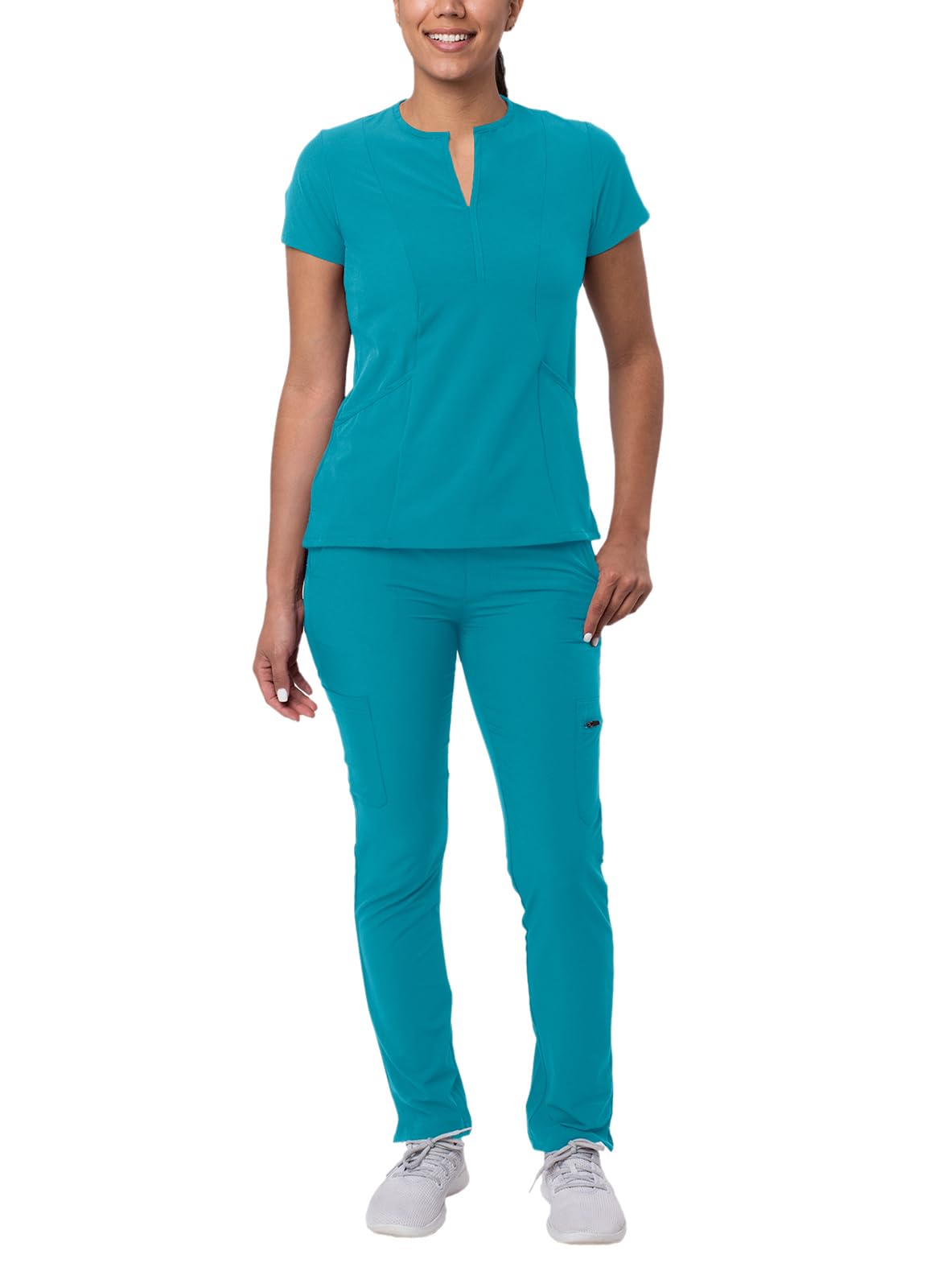 Adar Addition Go-Higher Scrub Set for Women - Notched V-Neck Scrub Top & Skinny Cargo Scrub Pants