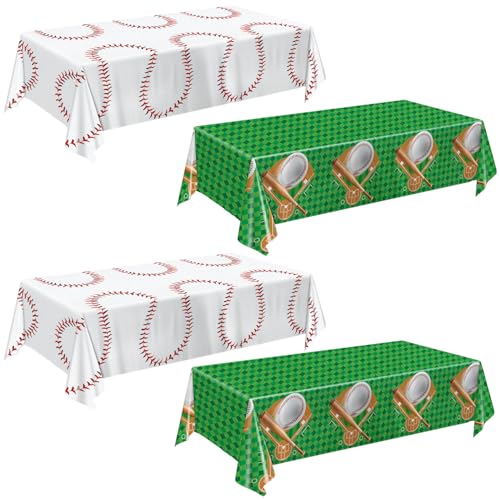 Oigco Baseball Party Decorations 4-Pack Baseball Tablecloth Disposable Plastic Table Cover for Games Birthday Party, 54 x 108 Inch