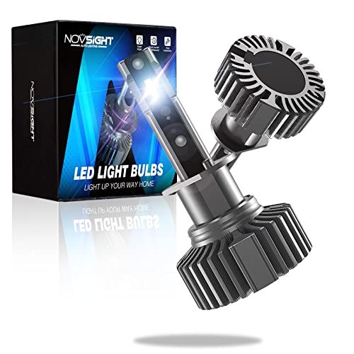 NOVSIGHT H1 LED Headlight Bulbs, 10000 Lumens 6500K Super Safety Fog Light Bulbs, 60W 300ï¼… Brightness, 50000 Hours Lifespan Plug and Play Halogen Replacement for High Low Beam, Pack of 2
