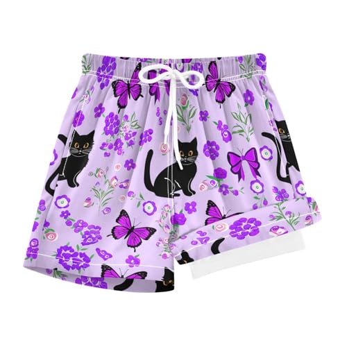 Boy Swim Trunks with Compression Liner Black Cats Pattern Boys Swim Shorts Quick Dry Beach Shorts