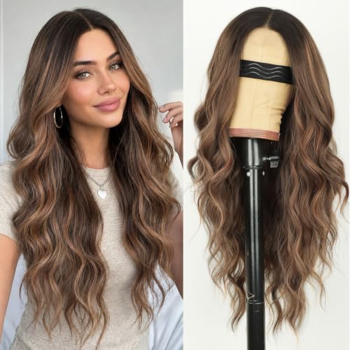 Image of AISI HAIR Caramel Brown Wig for Women, Long Wavy Synthetic Lace Wig 26Inch
