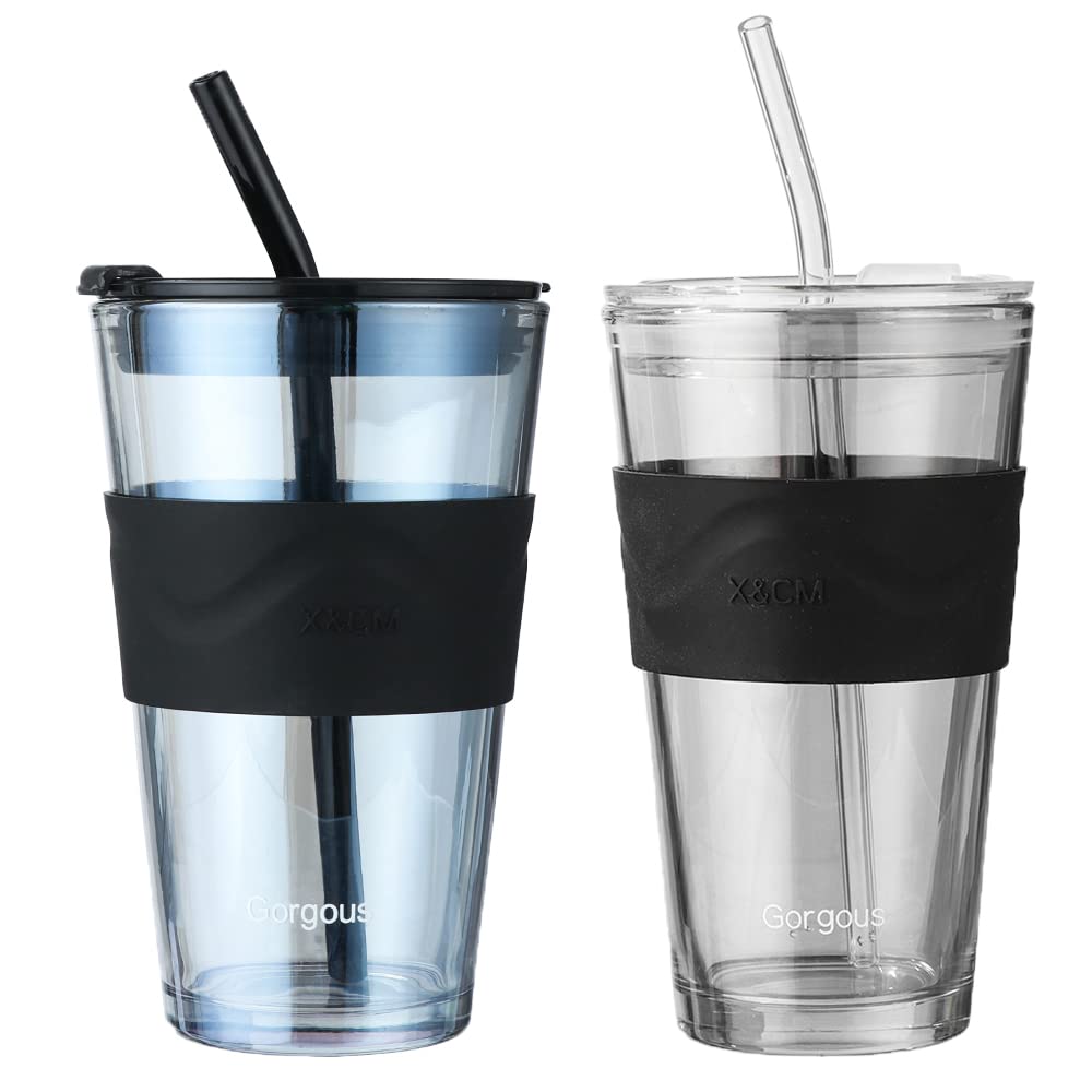 Andy's Orchids Glass Water Cup With Straw Lid, 2PCS 450ml Drinking Bottle, Clear Large Glasses Water Cup for Coffee Tea Milk Juice, Leakproof, Dishwasher Safe