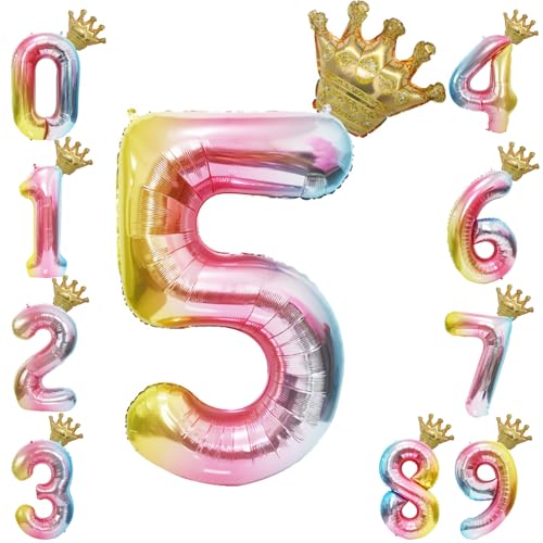 40 Inch Rainbow Number 5 Balloon with Crown- Giant Gradient Foil Balloon for 5th Birthday Decorations, Baby Shower, Anniversary Party Supplies