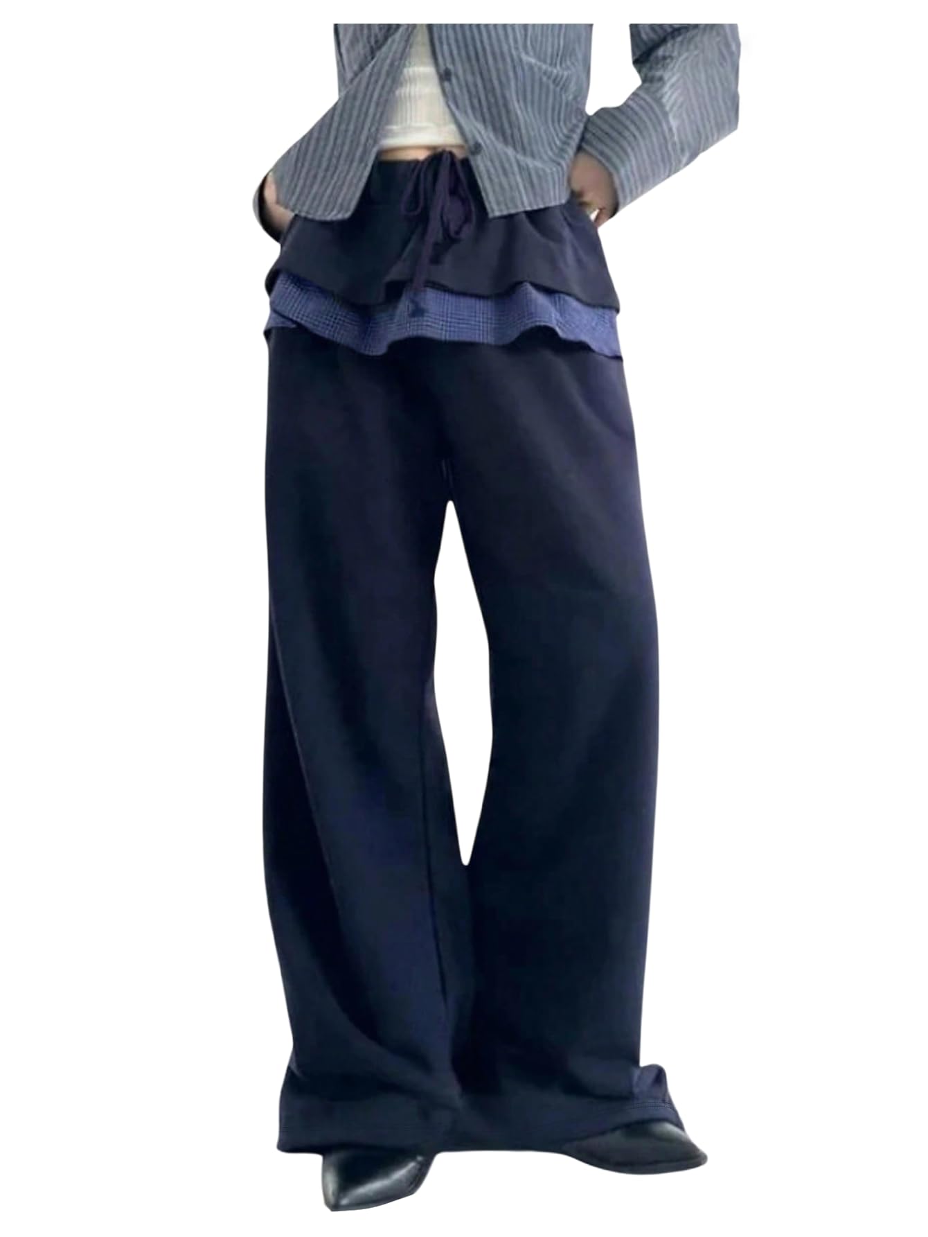 MakeMeChic Womens Y2K Plaid Print Drawstring Waist Pants Ruffle Tiered Straight Leg Trousers Streetwear