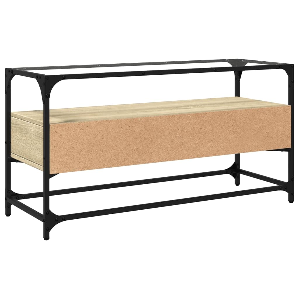 Mobile TV con ripiano in vetro, rovere Sonoma, 98 x 35 x 51 cm, in legno, con cassetti e spazio portaoggetti, moderna credenza per soggiorno, salvaspazio, con ripiano e ripiano