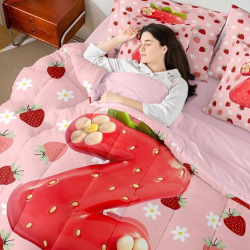 Image of Feelyou Girls Cute Strawberry Full Comforter Set with Sheets for Kids Boys Girls Pink Strawberry 7 Pieces Bedding Set Initial Letter Z Bed in a Bag Room Decor Soft Lightweight Microfiber