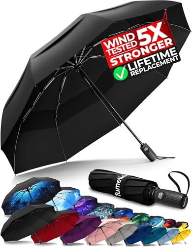 TUMELLA Strongest Windproof Travel Umbrella (Compact, Superior & Beautiful), Small, Wind-Tested, Light & Portable, Automatic Folding Rain Umbrella, Durable, Premium Grip, Fits Car & Backpack