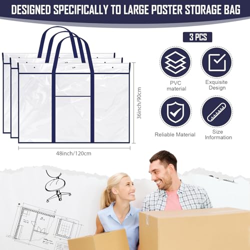 Image of Windyun 3 Pack Large Poster Storage Bag 48 inch x 36 inch Bulletin Board Holder Art Portfolio Case PVC Art Portfolio Container Bulletin Board Storage Box with Pocket for Classroom Teacher Organization(Blue)