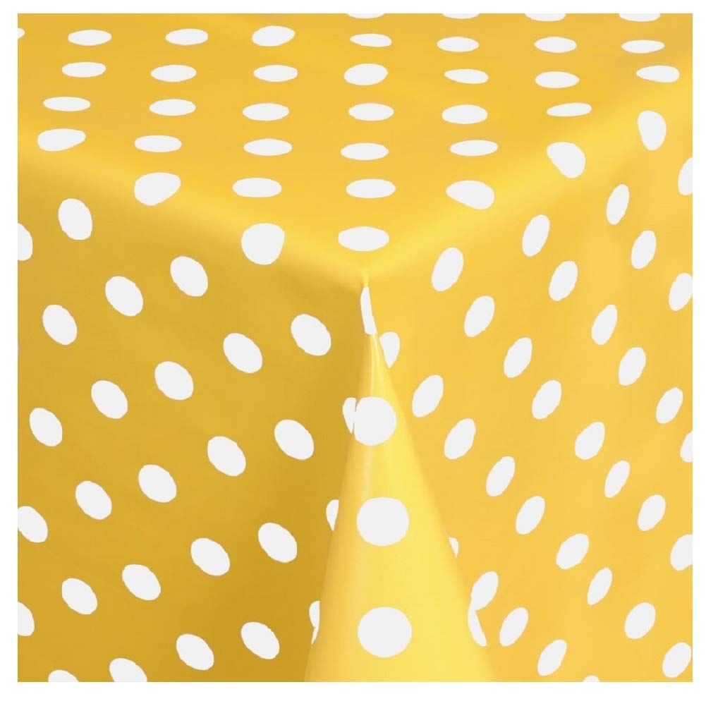 KEVKUS Wachstuch Tischdecke Meterware 01150-10 Punkte gelb Polka dot Größe wählbar in eckig rund oval mit Paspel Borte Schnittkante (Borte (gehäkelte Bordüre), 140 x 340 cm eckig)