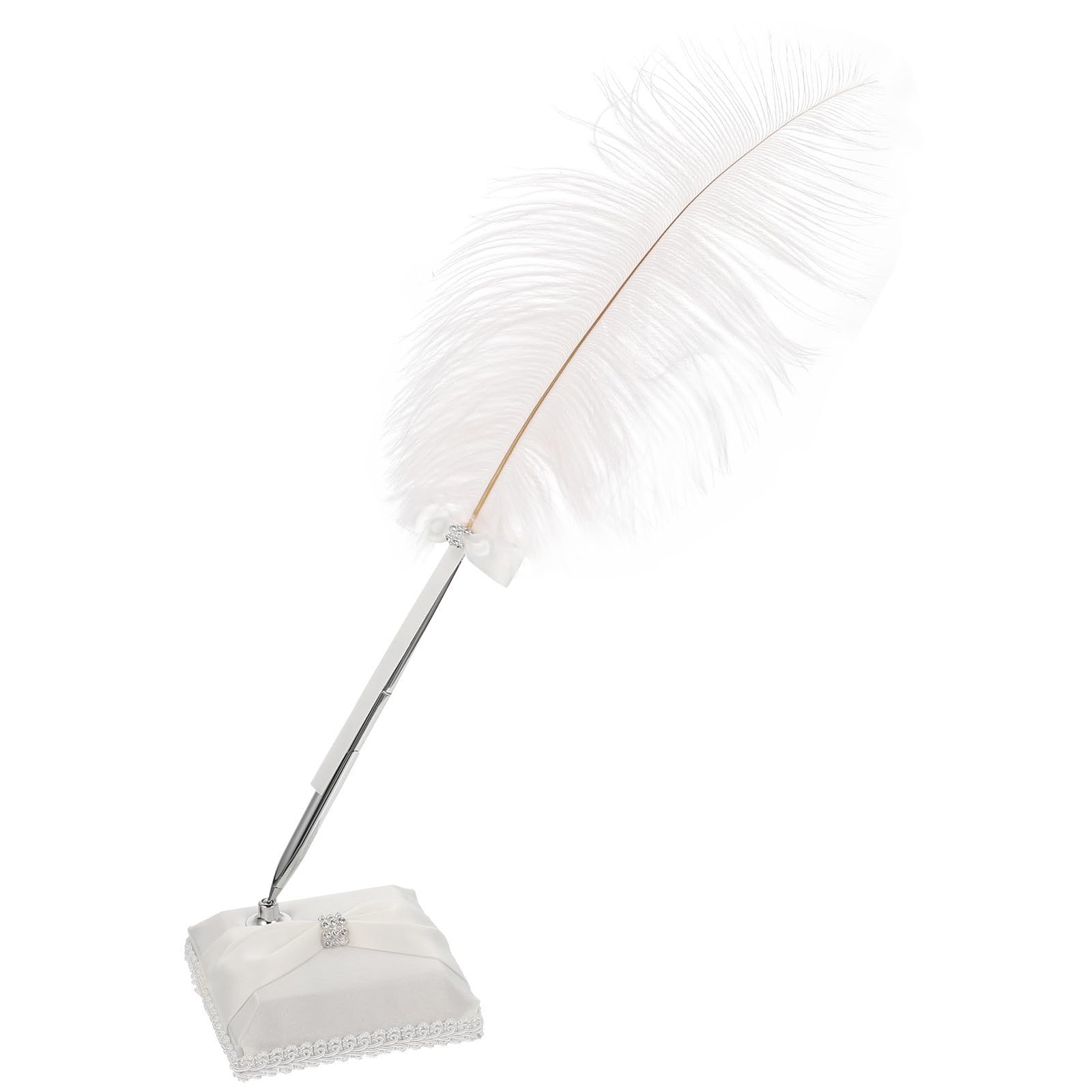 Lurrose Penna Elegante da Scrittura con Piuma D'autrucchetto Bianca, Decorata con Strass, in Metallo e Tessuto Lucido, con Pratico Supporto per Occasioni Speciali come Matrimoni