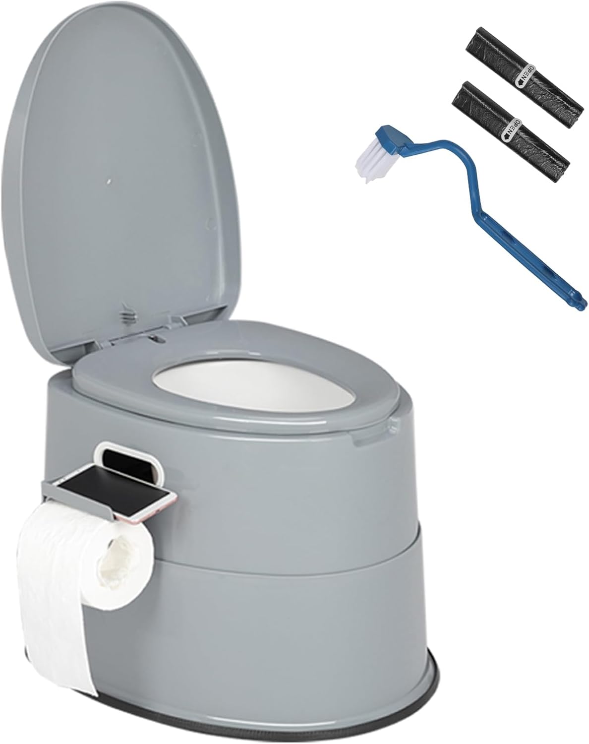 VINGLI Portable Toilet | Indoor Outdoor Commode w/Detachable Inner Bucket, Removable Paper Holder, Included Toilet Brush & Trash Bags, Lightweight Compact for Camping, Boat, Van, Emergency, Grey