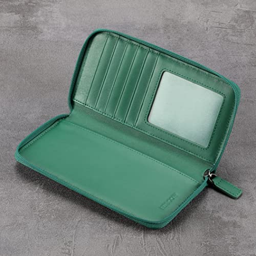 Image of HISCOW Leather Checkbook Cover, Zippered Wallet with Card Slots, Green | Full grain cowhide, 5cc & ID window, personal check book & register pockets, removable duplicate divider, women secure zipper