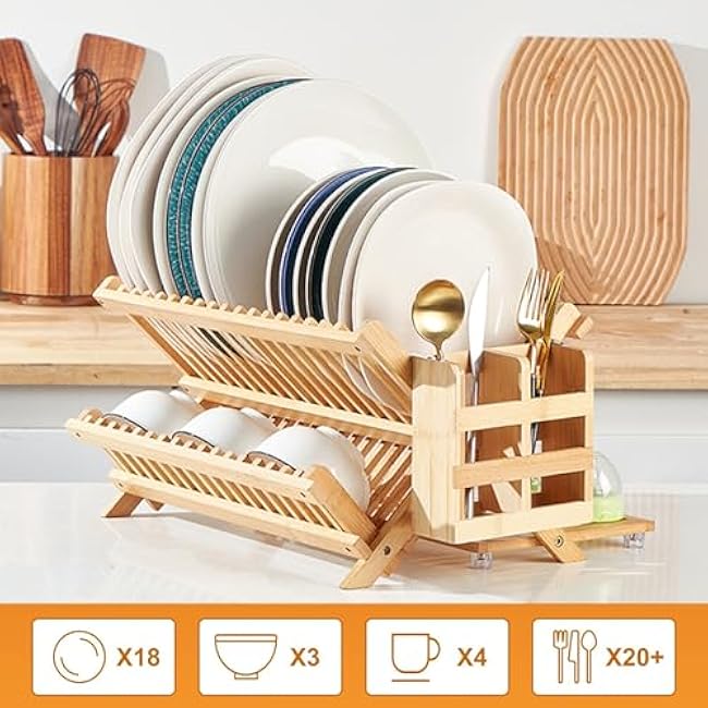 Bamboo Dish Drying Rack for Kitchen - Collapsible 3-Tier Wooden Folding Drainer with Utensil Holder and Dish Strainer Board for Countertop, Sink, and Racks Dryer (Natural)