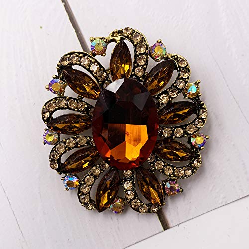SELOVO Flower Rhinestone Statement Brooch Pin Accessory Antique Gold Tone3