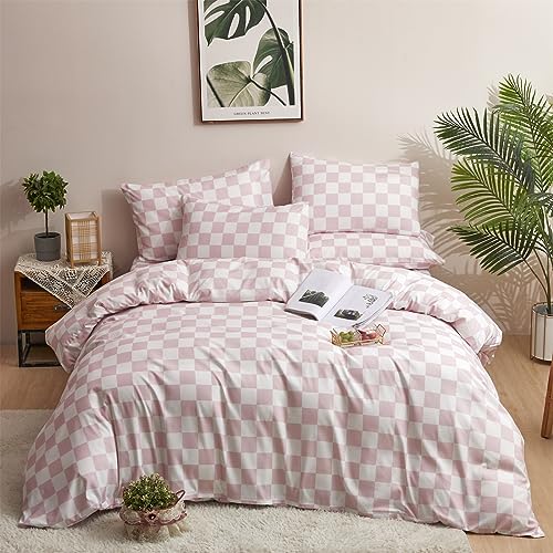 Image of KAREVER Pink Grid Comforter Full Pink Plaid Bedding Set Girls Pink White Checkered Bed Comforter Set Breathable Blanket Set Kids Durable Bedding Comforter Set