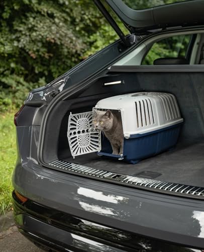 lionto Hundetransportbox aus robustem recyceltem Kunststoff, 55x36x36 cm, Transportbox mit praktischem Schließsystem & Tragegriff, auch geeignet für Katzen & Kleintiere, für Haustiere bis 15kg blau