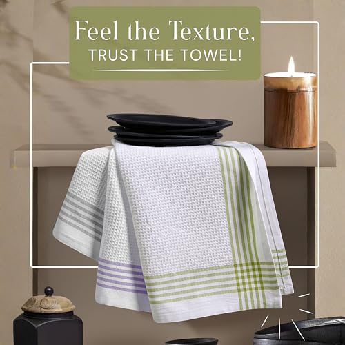 Image of Waffle White & Multi Colors Kitchen Towels 12 Pack, 100% Cotton, 16x26 inches, Durable Dish Towel, Quick Dry Dishcloths, Ideal for Drying, Wiping - Light Grey, Lavender, Lemon Green