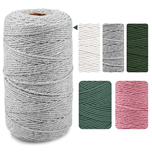 WUMUGE Makramee Garn Hellgrau 2mm x 200m, Kordel Natur Baumwollgarn farbig, Macrame Cord für DIY Handwerk Basteln Wand Aufhängung Pflanze Aufhänger Schnur Stricken Boho Deko, MXS-2MM Cover