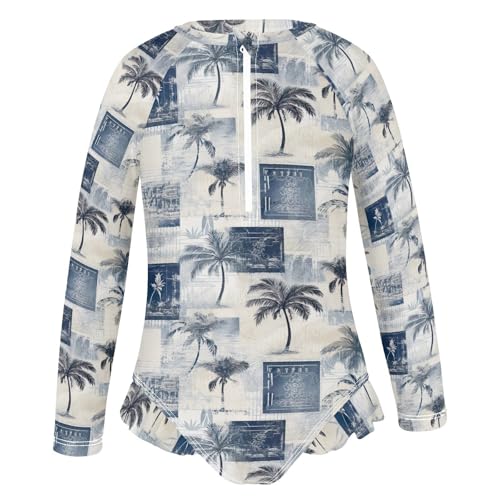 Hawaiian Palm Tree Stamp Girls Long Sleeve Swimsuit UPF 50+ Rashguard Swimwear One Piece Bathing Suit 212175644