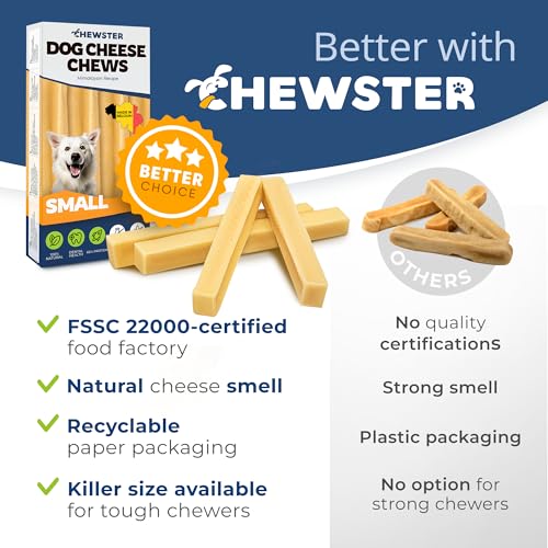 CHEWSTER Käsestangen für Hunde - Kaukäse Hundeknochen - Langer Kauspaß aus natürlicher Milch - Käse-Kauknochen (136 g, S, 4er Pack)