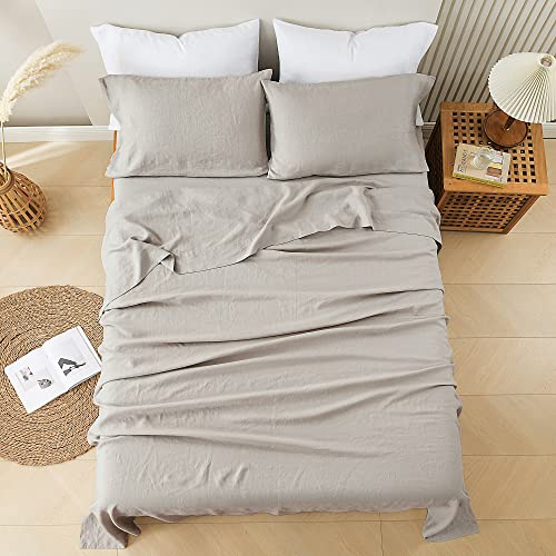 100% French Linen Sheet Set California King Size, Stone Washed Pure Linen Bed Sheet Set, 4 Pcs Breathable Natural Flax Linen Sheets - 1 Deep Pocket Fitted Sheet, 1 Flat Sheet, 2 Pillowcases #TOP6