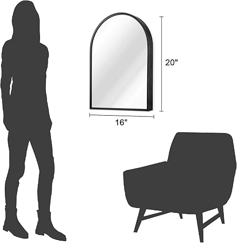 Miniatura 130 de Espejo de pared arqueado negro con marco de aleación de aluminio, espejo de baño de metal cepillado, espejo montado en la pared para sala de estar