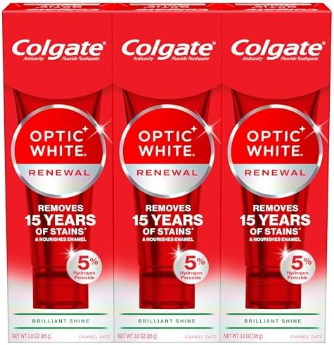 Colgate Optic White Renewal Teeth Whitening Toothpaste, Whitening Fluoride Toothpaste, Effectively Removes Tea, Coffee, and Wine Stains, Made with Hydrogen Peroxide, Brilliant Shine, 3 Pack, 3.0 oz
