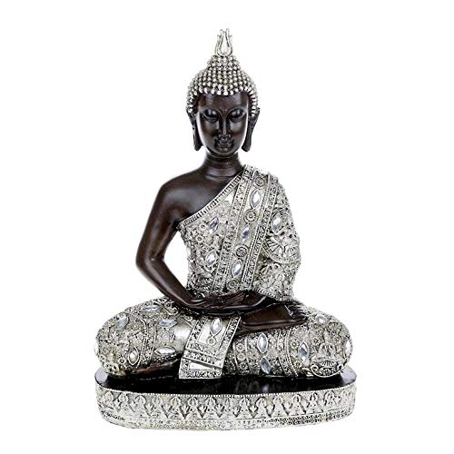 Große Thai-Buddha-Figur, sitzend, 34 cm, silberfarben