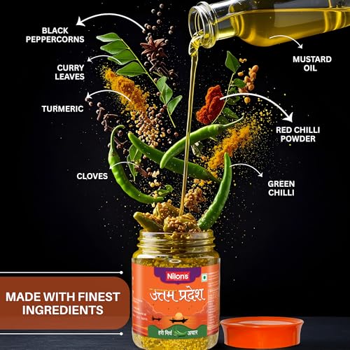 Image of Nilon's Uttam Pradesh Green Chilli Pickle (475g) Homemade Hari Mirch Ka Aachar | Spicy Pickle in Authentic UP Style with Green Chilli, Mustard Oil & Spices Mixed with No Added Artificial Colour