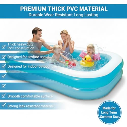 Image of Coku Family Inflatable Swimming Pool for Kids & Adults | 3-Ring Rectangular Extra Large Pool, Thick PVC Foldable Bathtub, 8.5 x 5.75 Feet for Backyard, Garden, Indoor Outdoor Summer Use