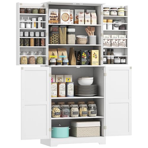 Image of HOMCOM 72" Farmhouse Kitchen Pantry Cabinet, Freestanding Tall Storage Cabinet with 4 Barn Doors, 4 Adjustable Shelves and 8 Door Shelves, Embossed White Wood Grain