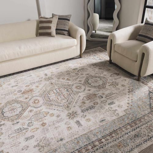 Image of Hauteloom Balfour Hallway, Kitchen Runner Rug - Medallion Geometric Border Floral Diamond - Traditional Oriental Transitional Oushak Turkish - Natural Gray, Cream, Gray, Beige, Blue - 2'7 inch x 7'3 inch
