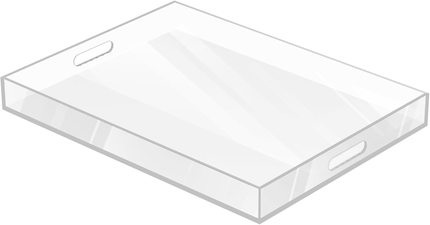 MAONAME Acrylic Serving Tray with Handles, 18" x 14" Rectangular Clear Tray, Ottoman Decorative Trays, Coffee Table Trays for Countertop, Living Room, Office 18" x 14" x 2"