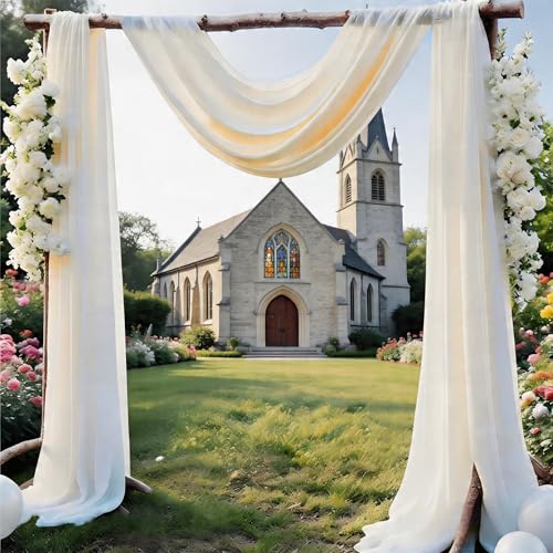 Wedding Arch Draping Fabric Ivory 29" X 20FT Chiffon Fabric Sheer Drapes for Wedding Ceremony Arbor Engagement Party Bridal Shower Decoration | Ivory Swag Fabric 2 Panels by JKDMJF - Used condition - Image 8