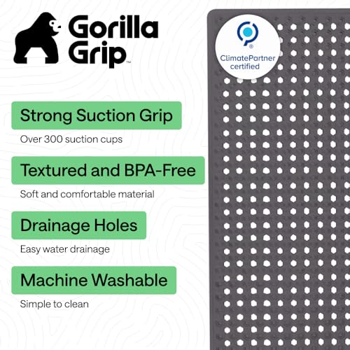 Image of GORILLA GRIP Patented Bath Tub Shower Mat, Machine Washable Bathtub Floor Liner Mats, Suction Cups and Drain Holes to Keep Tubs Clean, Soft on Feet, Bathroom Essentials, 35x16 Inch, Charcoal Opaque