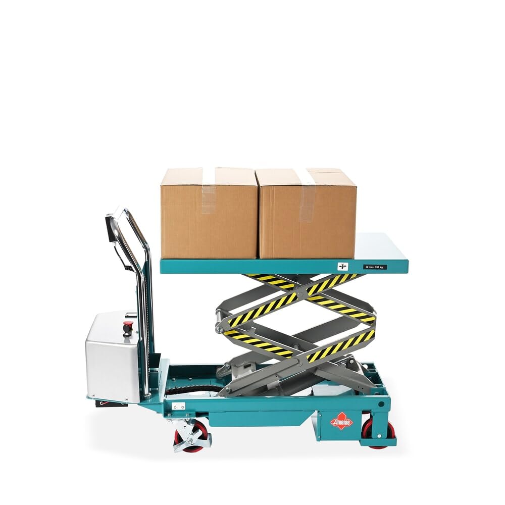 Ameise Scheren-Hubtischwagen LTT | 370-1.300 mm Hubbereich | 350 kg Tragkraft | 910x500 mm Plattform | Fahrbarer Hubtisch mit festem Bügel | Elektrischer Antrieb mit Batterie | Stahl | Türkisblau