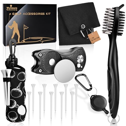 Wynaura 15 Pcs Golf Accessories Kit, Includes Cleaner Brush Towel Tees Golf Ball Bag with Hook Divot Tool with Ball Marker, Golf Essentials Kit for Women Man Gifts (Black)