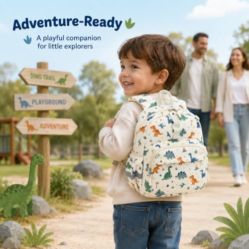 Image of LOIDOU Toddler Backpack for Boys Ages 2-4, 12 Inch Mini Preschool Daycare Bookbag with Insulated Snack Pocket, Corduroy Small Kids Travel Backpack with Chest Strap,Beige Dinosaur