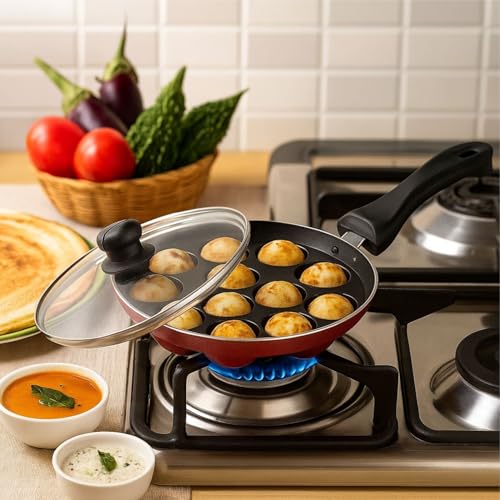 Image of Signoraware Perfecto Non Stick Appapatram with Glass Lid | Gas & Induction Compatible | Ideal for Traditional Appams & Paniyarams | Best for Quick Breakfast, Evening Snacks or Festive Treats (Steel)