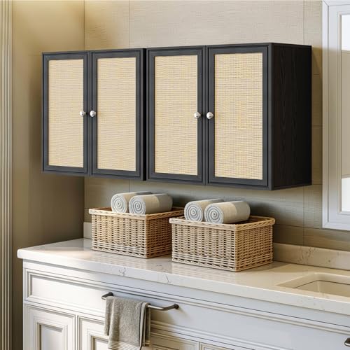 Image of Laundry Room Cabinets with Lights, 24INCH Bathroom Cabinets Wall Mounted with Adjustable Shelves, Rattan Wall Cabinet for Bedroom, Kitchen, Bathroom (2PCS, Black)