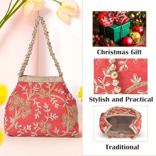 Image of Kuber Industries Pack of 2 Potli Bags for Ladies & Girls | Women Shagun Pouches for Festive Seasons | Bridal Purse | Moti Embroidery- Peach & Red
