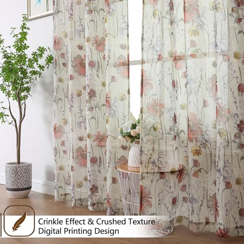 Image of OWENIE Crushed Kitchen Window Curtains 45 Inches Length 2 Panels, Elegant Farmhouse Printed Short Semi Sheer Curtains for Cafe Bathroom Bedroom, Light Filtering Rod Pocket Curtain, 42Wx45L inch